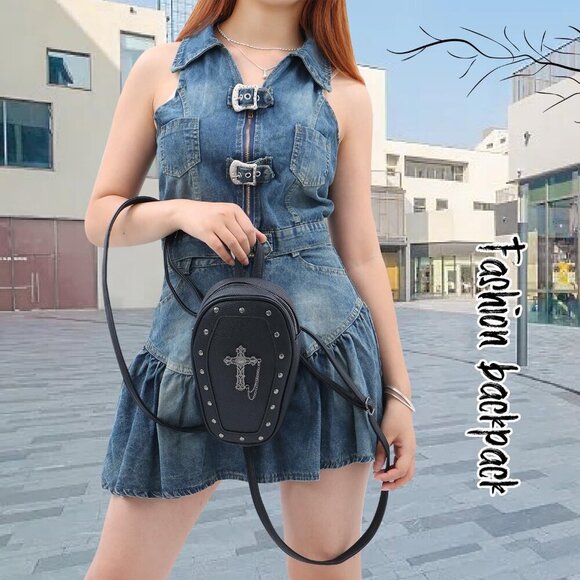 Gothic Coffin Backpack Purse Womens Mini Halloween Shoulder Bag Crossbody - Picture 7 of 7